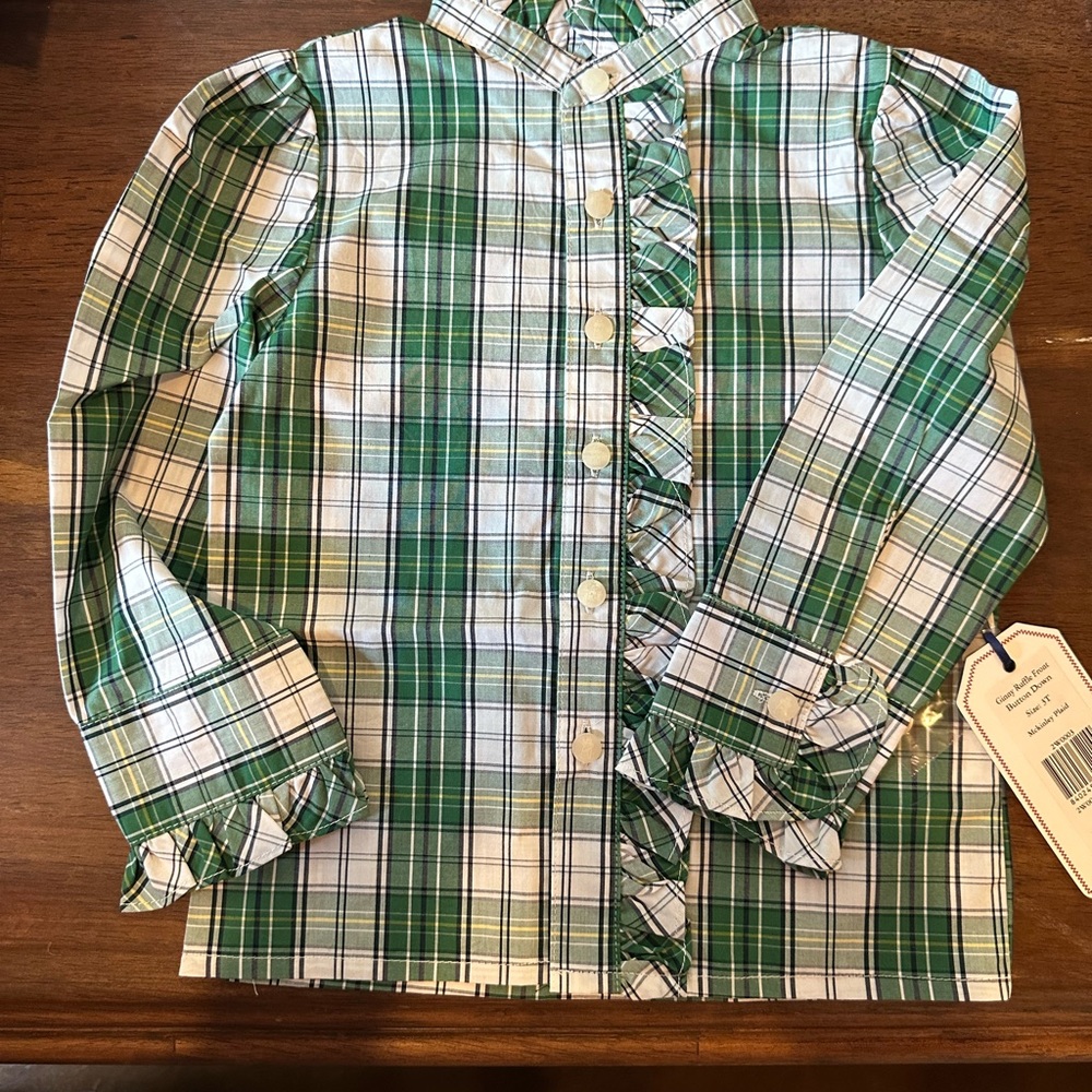 NWT Classic Prep Green Plaid Girl’s Ruffle Shirt